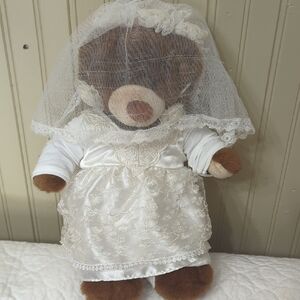 Build-A-Bear Brown Teddy in White Lace Wedding Dress and Veil